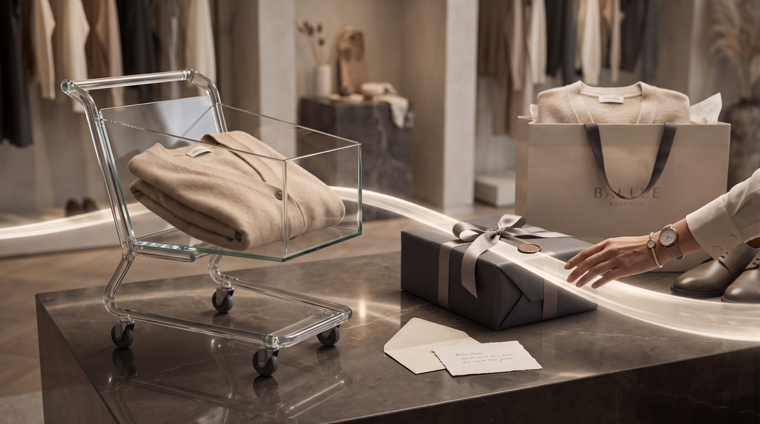 Cart abandonment emails for fashion brands - a folded sweater left in a glass shopping cart beside a wrapped gift