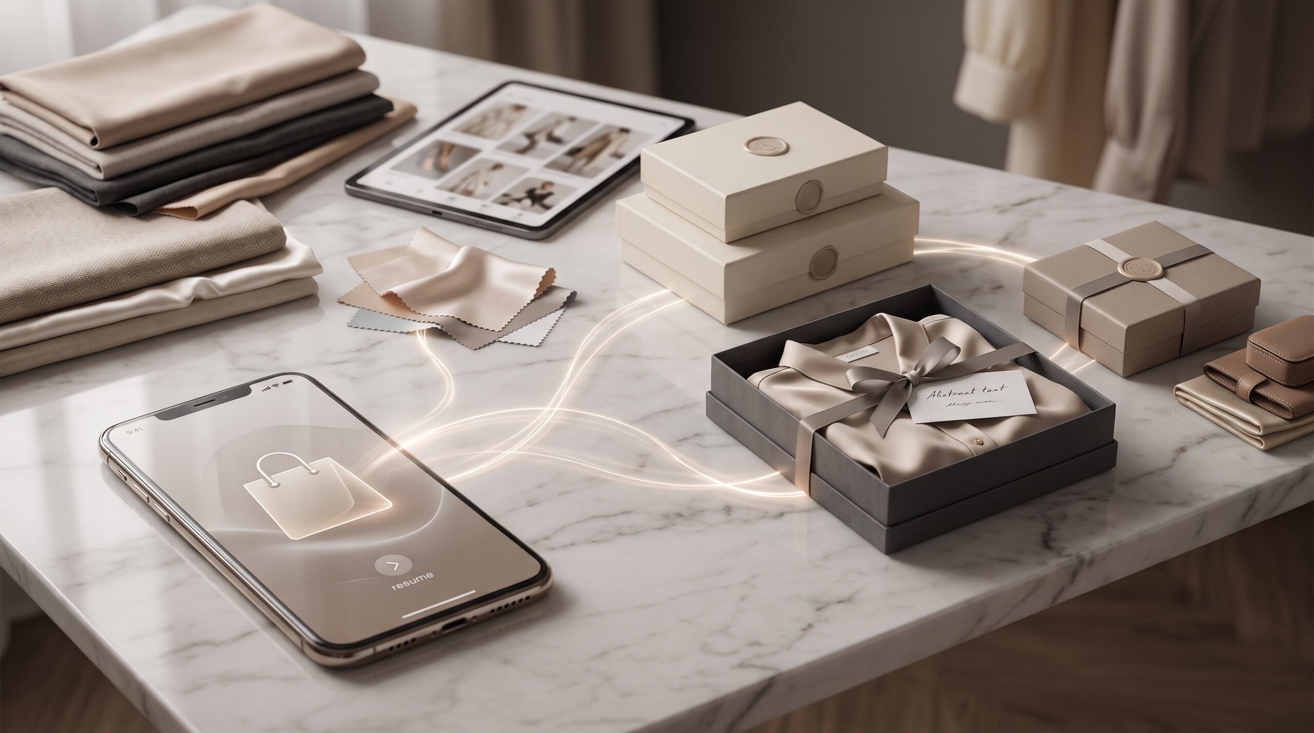 Phone showing a resume-purchase screen beside a wrapped gift box, symbolizing cart abandonment emails for fashion brands
