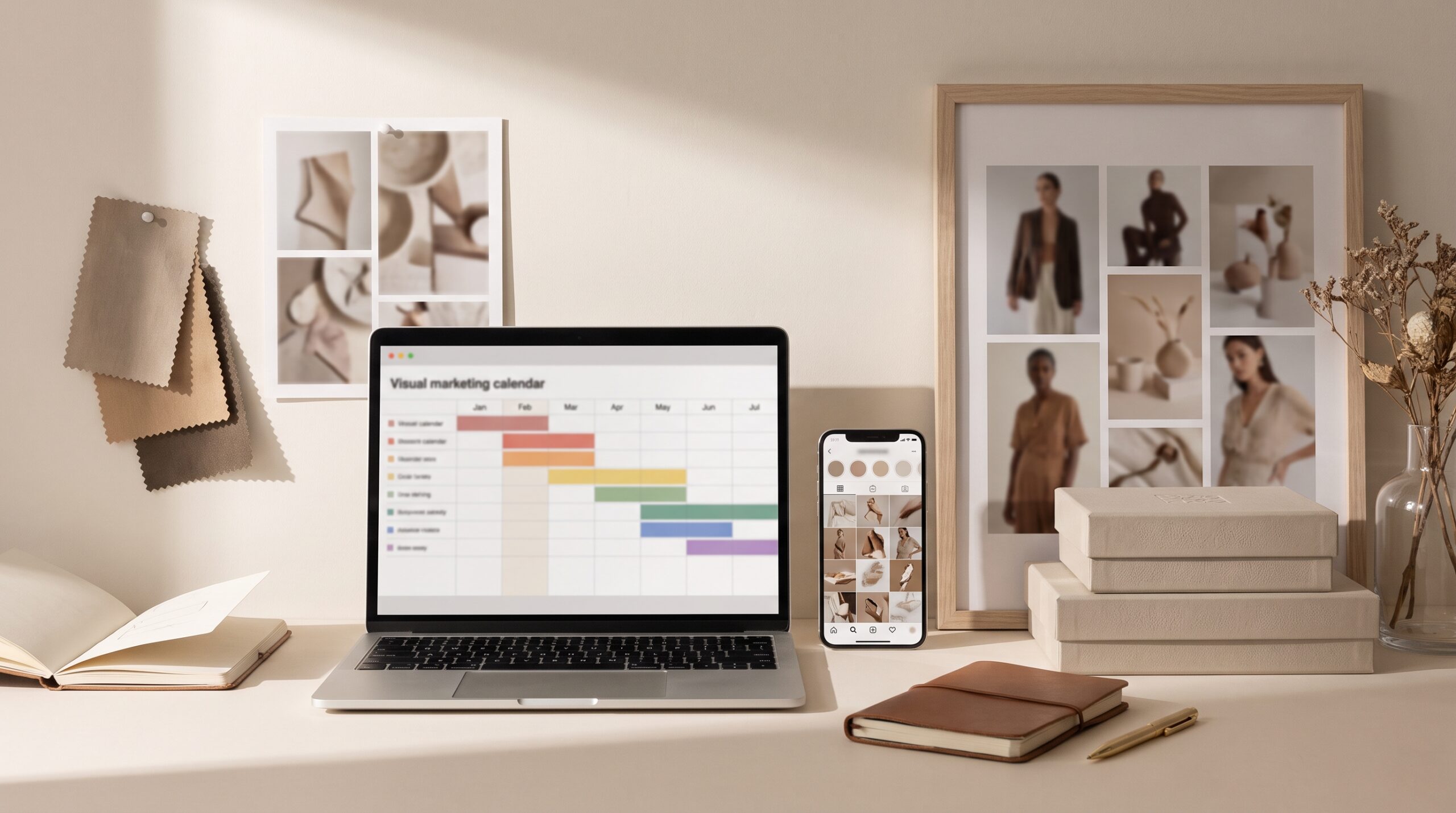 Content calendar for a fashion brand seasonal drop planned across laptop and phone