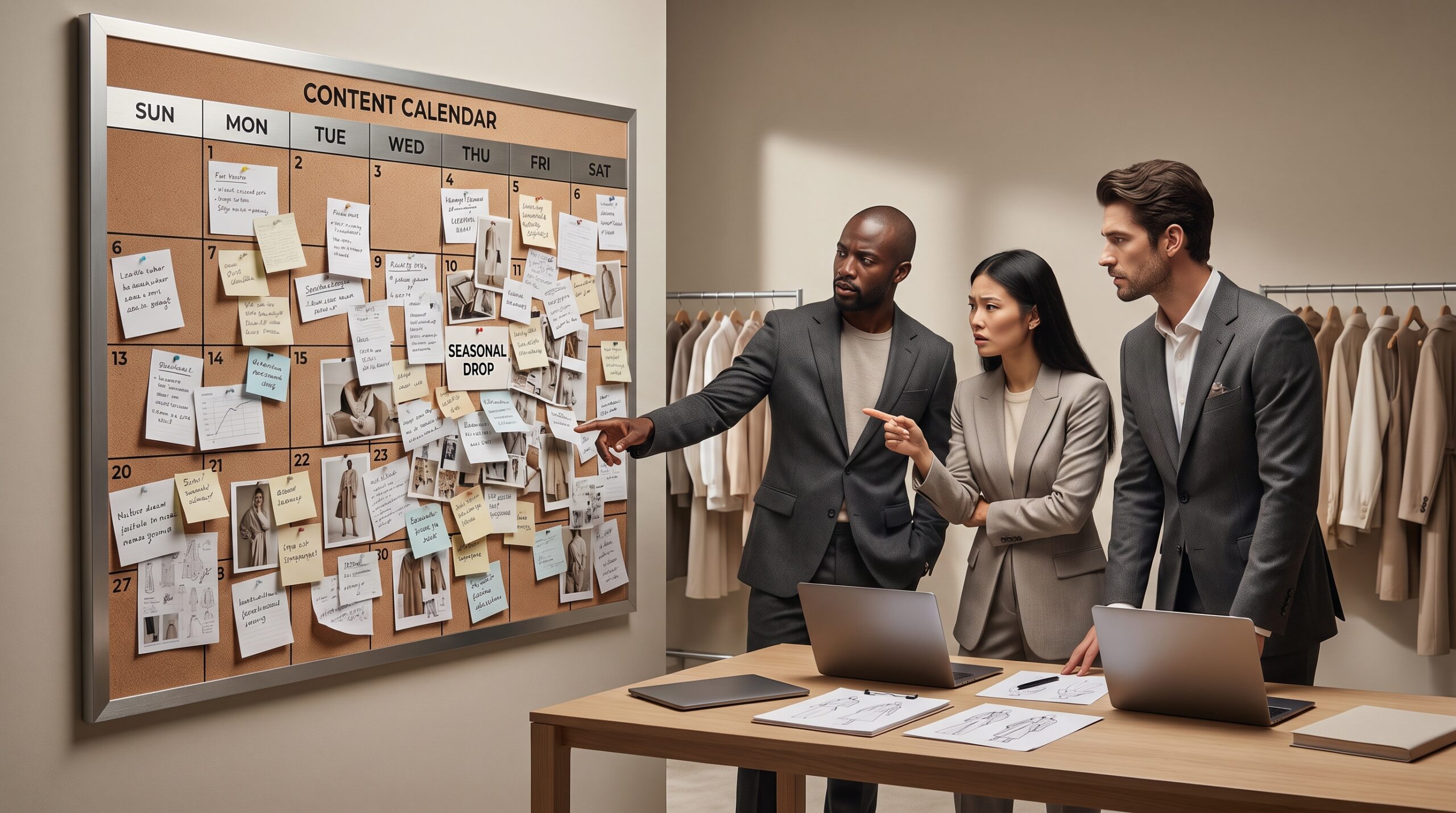 Marketing team reviewing a content calendar for a fashion brand seasonal drop on a corkboard