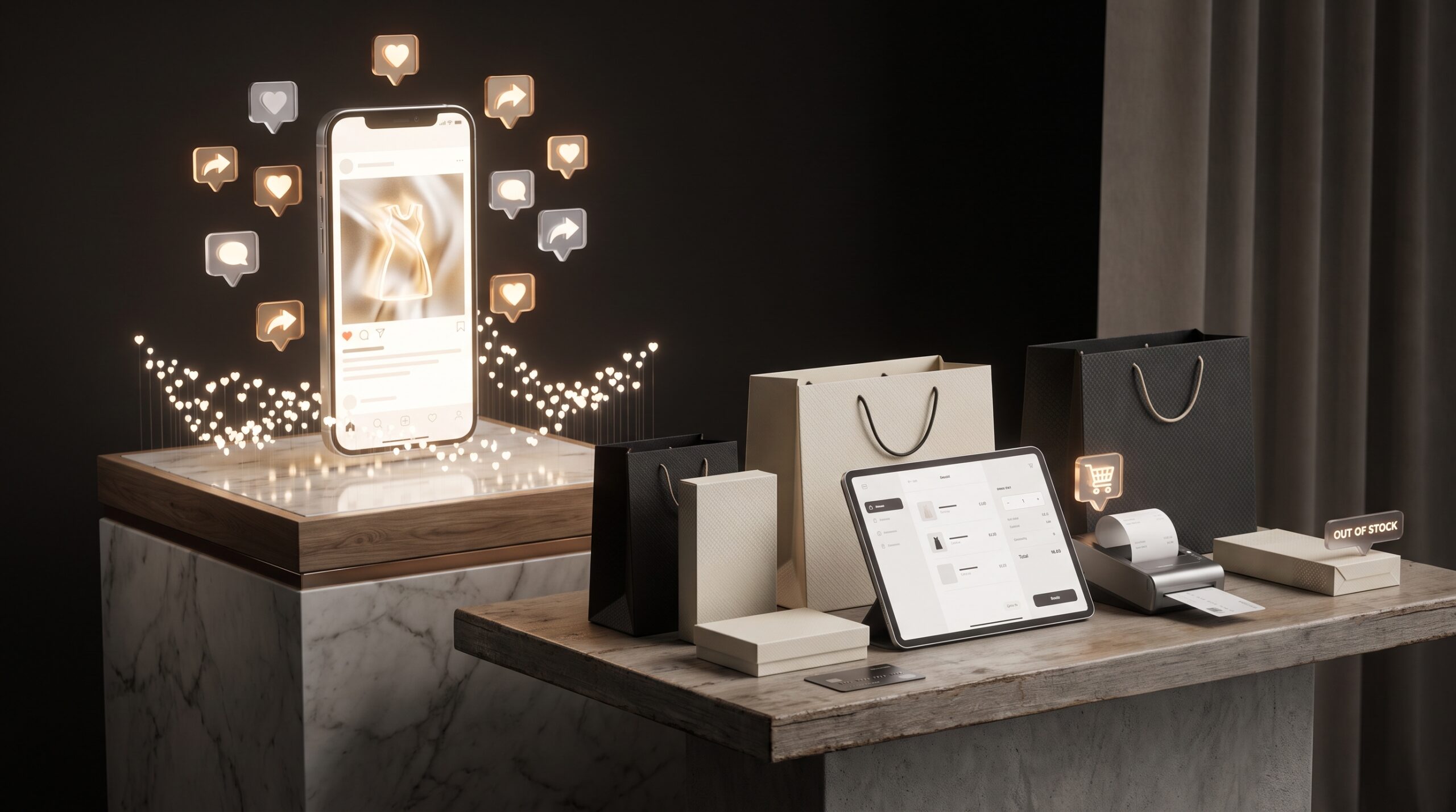 Instagram likes and hearts floating around a phone beside shopping bags, symbolizing social media analytics for fashion brands